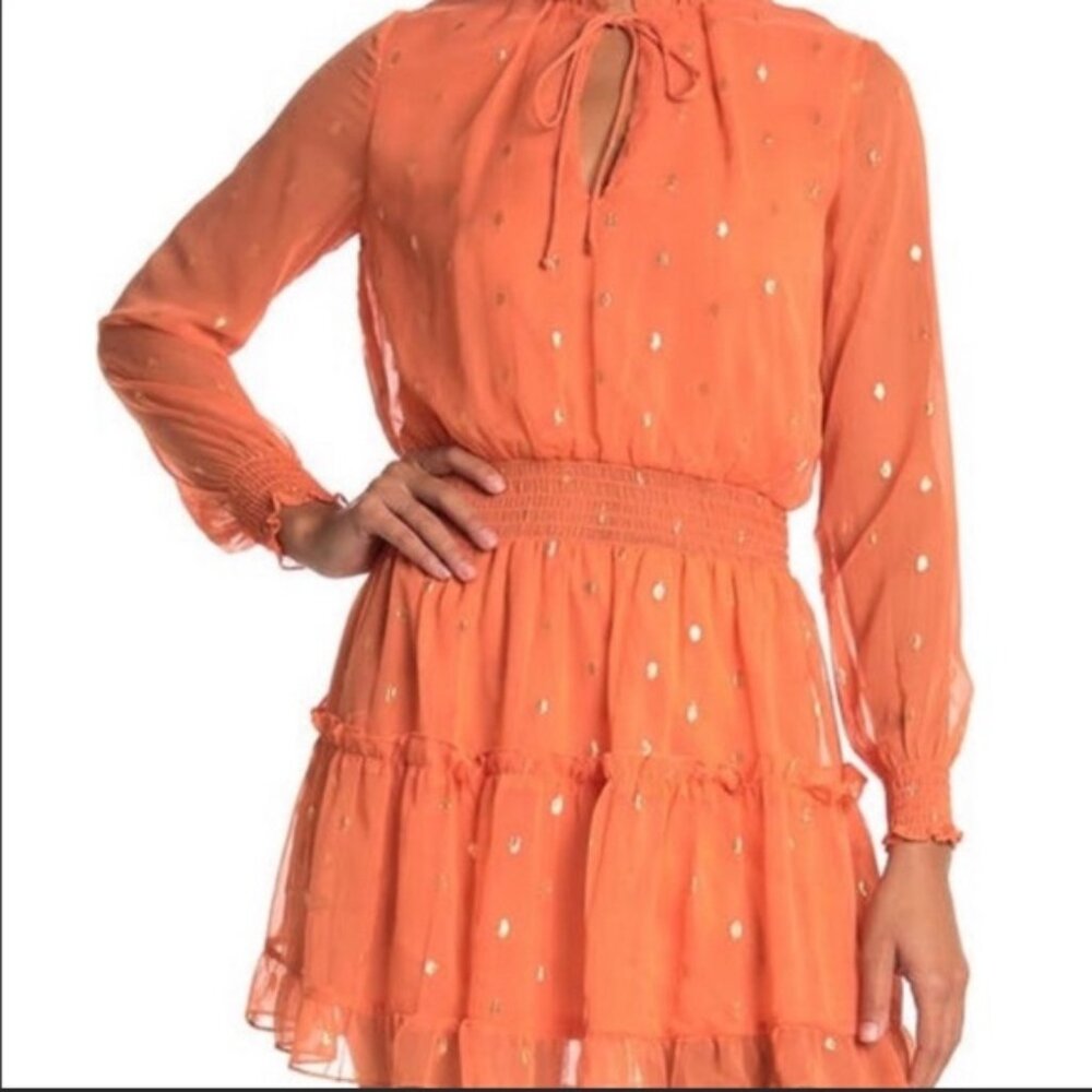 NSR Peach & Gold Dot Ruffled Smocked Peasant Dress Size L NWT
